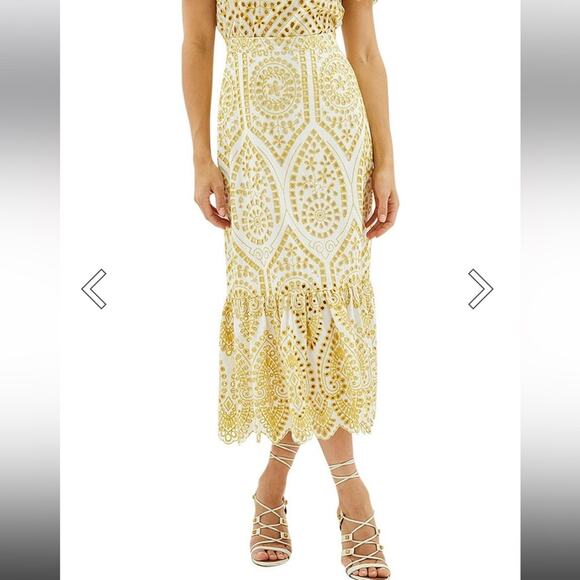 Minkpink NWT eyelet tiered mustard white midi skirt Krista Whilma summer vaca S - Picture 1 of 9